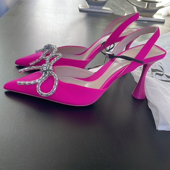 Women’s Zara Pink Slingback Heel Satin Effect Rhinestone Bow Shoes US 6 - Picture 5 of 11